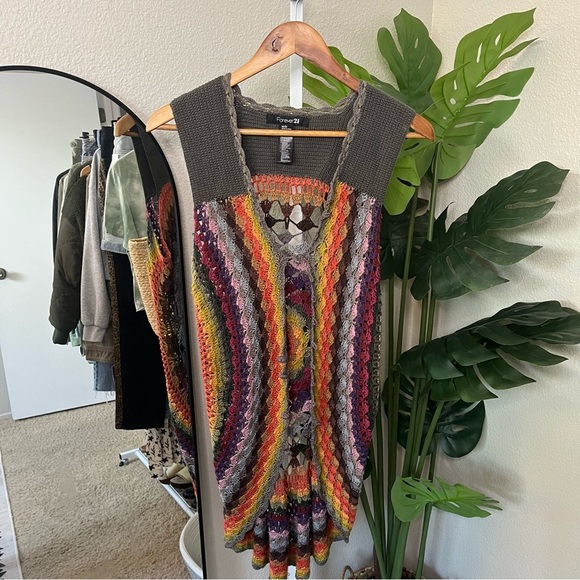 ✨ Forever 21 Multicolor Crochet Knit Vest Sz M | Boho Festival Layering Piece - Picture 7 of 7
